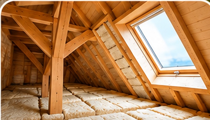 Intérieur de combles avec charpente en bois et isolation
